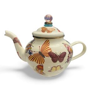 MacKenzie Childs Butterfly Garden White 4 Cup Enamel Teapot Kettle Small Retired